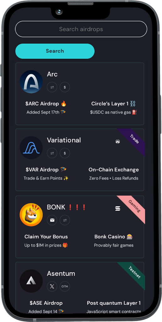 Find New Airdrops on AirdropAlert Search new airdrops on AirdropAlert mobile: Arc, Variational, BONK and Asentum testnet airdrop cards